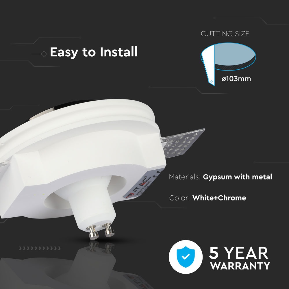 GU10 Fitting Gesso White Recessed Light Chrome Metal Rotondo img 1