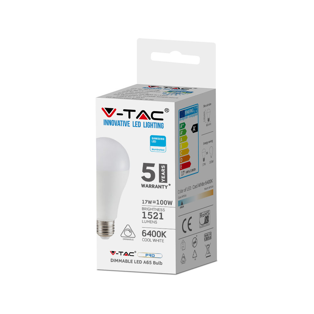 LED Bulb - SAMSUNG CHIP 17W E27 A65 Plastic 6400K Dimmerabile