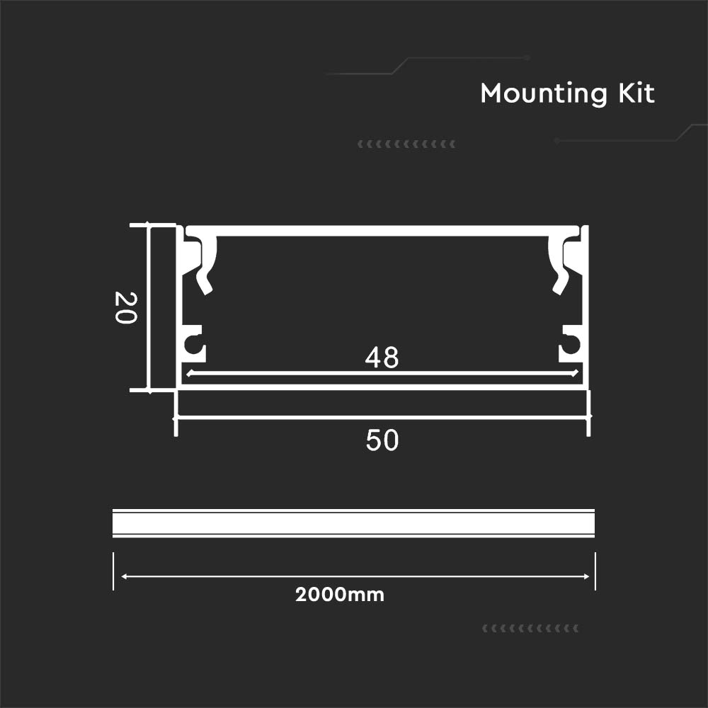 KIT MONTAGGIO CON DIFFUSORE PER STRISCIA LED 2000x50x20mm CORPO ARGENTO