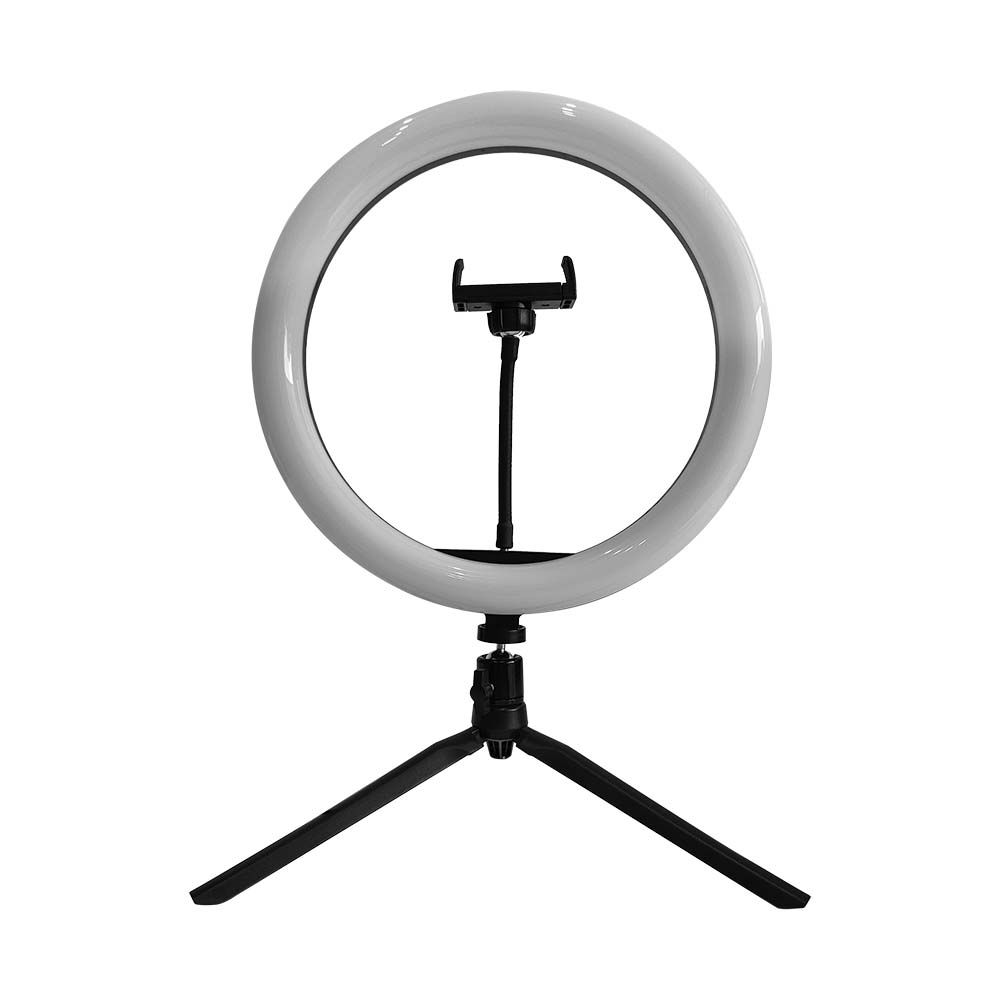 Lampada ad Anello 7W 26cm per Selfie e Riprese Video con Treppiede da Tavolo inclusa Pulsantiera e 1 Supporto per Telefono CCT Variabile 3200K-5500K