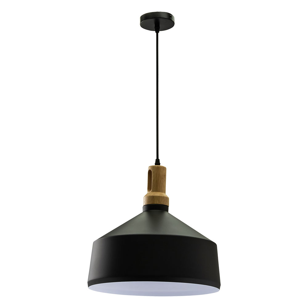 Lampadario con Portalampada Parabola Nera Base in legno Ampio