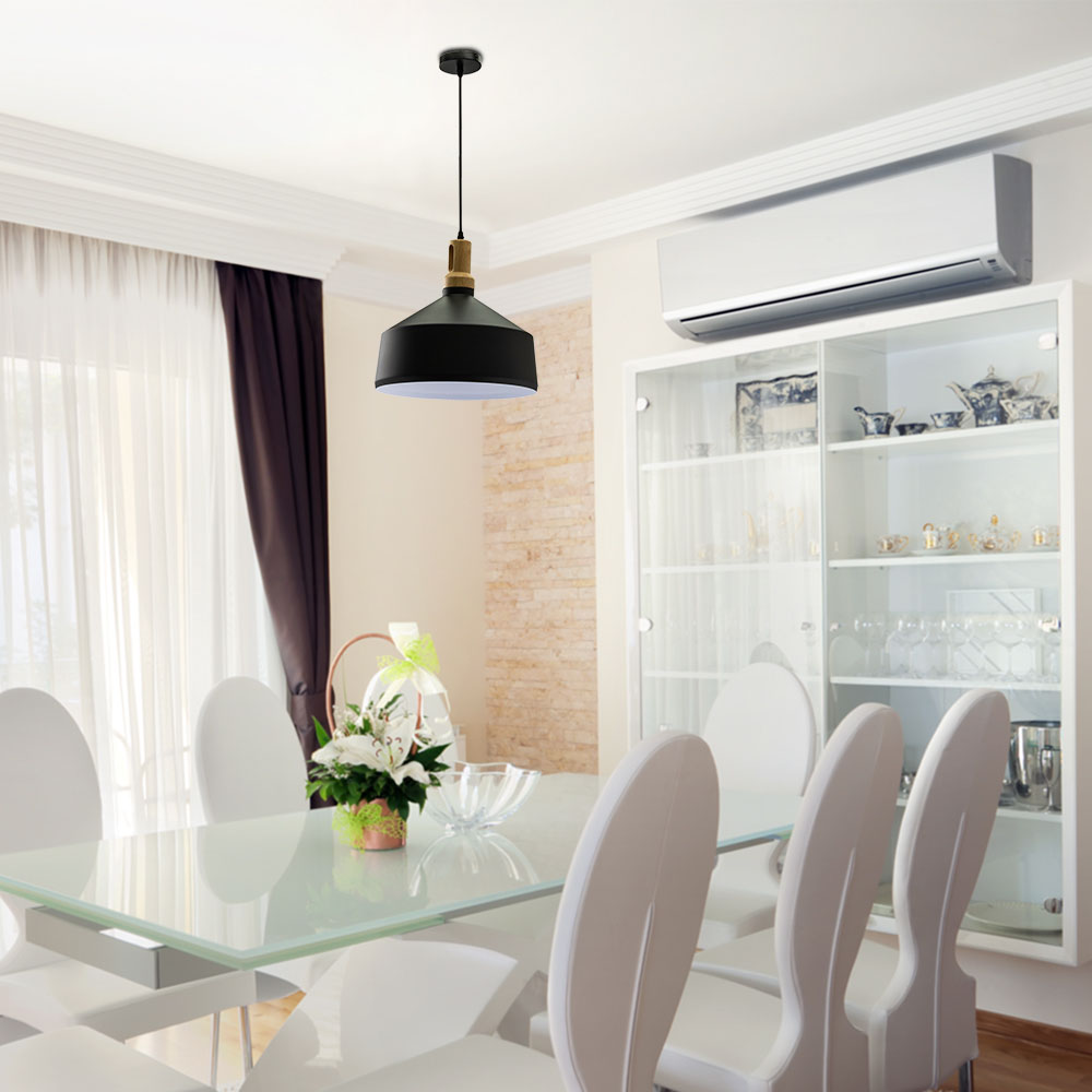 Lampadario con Portalampada Parabola Nera Base in legno Ampio img 1