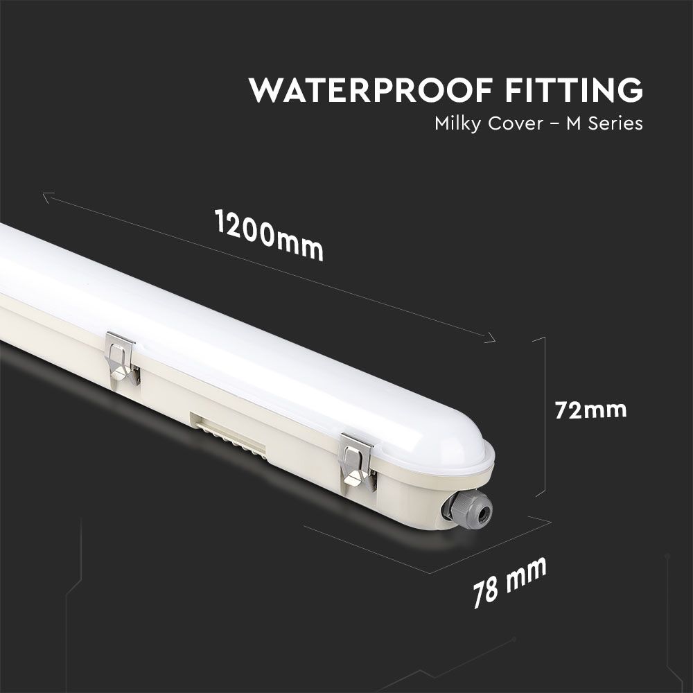 LED Waterproof Fitting M-SERIES 1200mm 36W 6400K Milky Cover SS Clip 120LM/W
