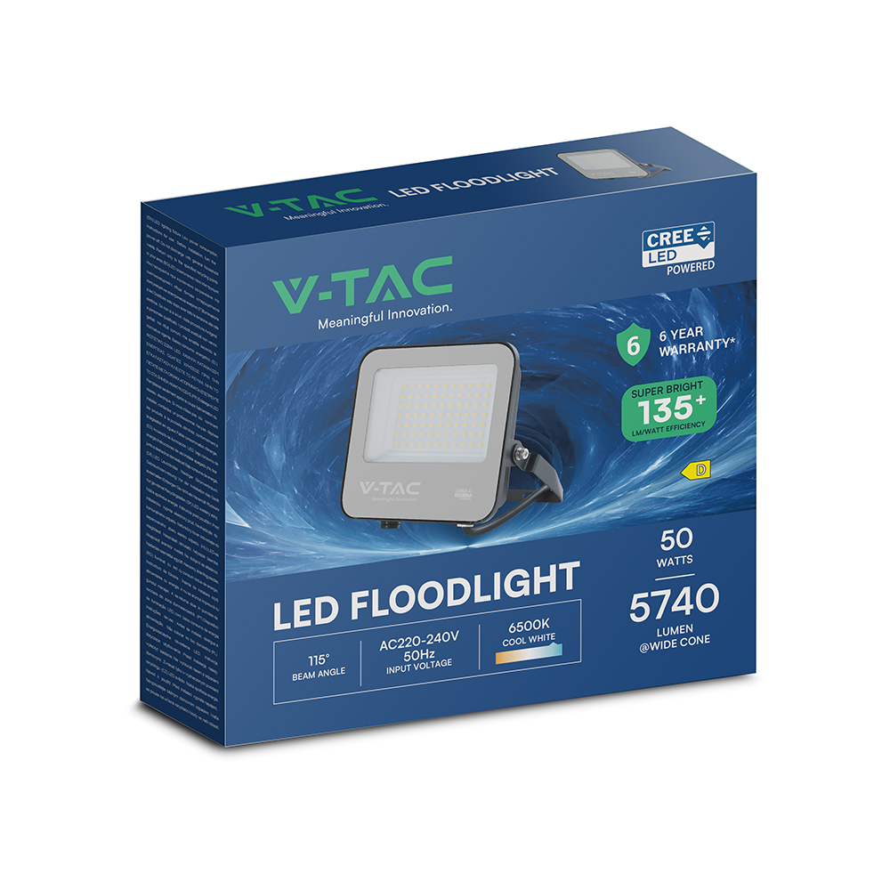 50W LED Floodlight CREE CHIP Black Body Grey Glass 6500K 135LM/W