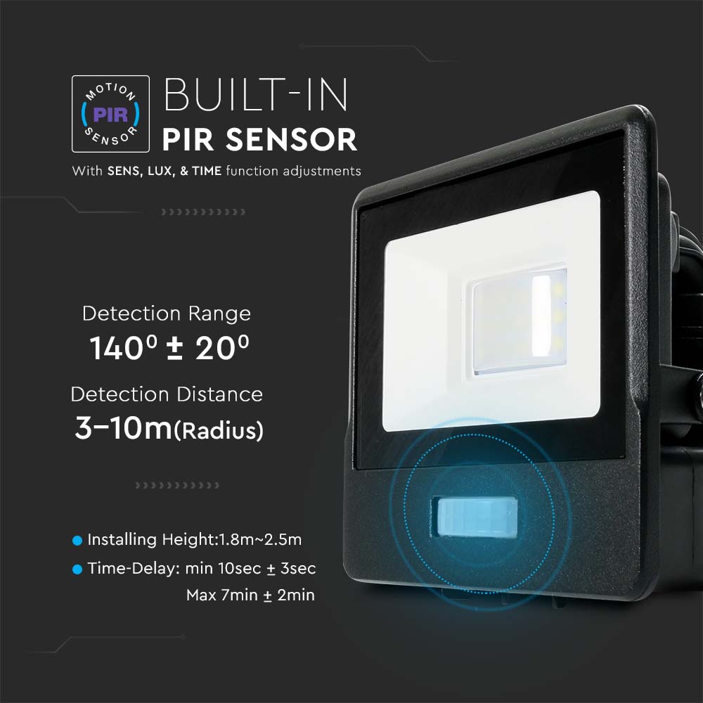 10W LED PIR Sensor Floodlight SAMSUNG CHIP Black Body 4000K img 1