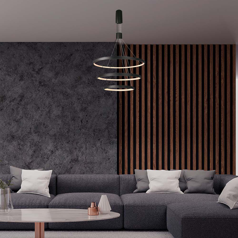 Lampadario LED a Sospensione con 3 Cerchi 46W in Metallo Colore Nero Dimmerabile 40x60x80x150cm 3000K