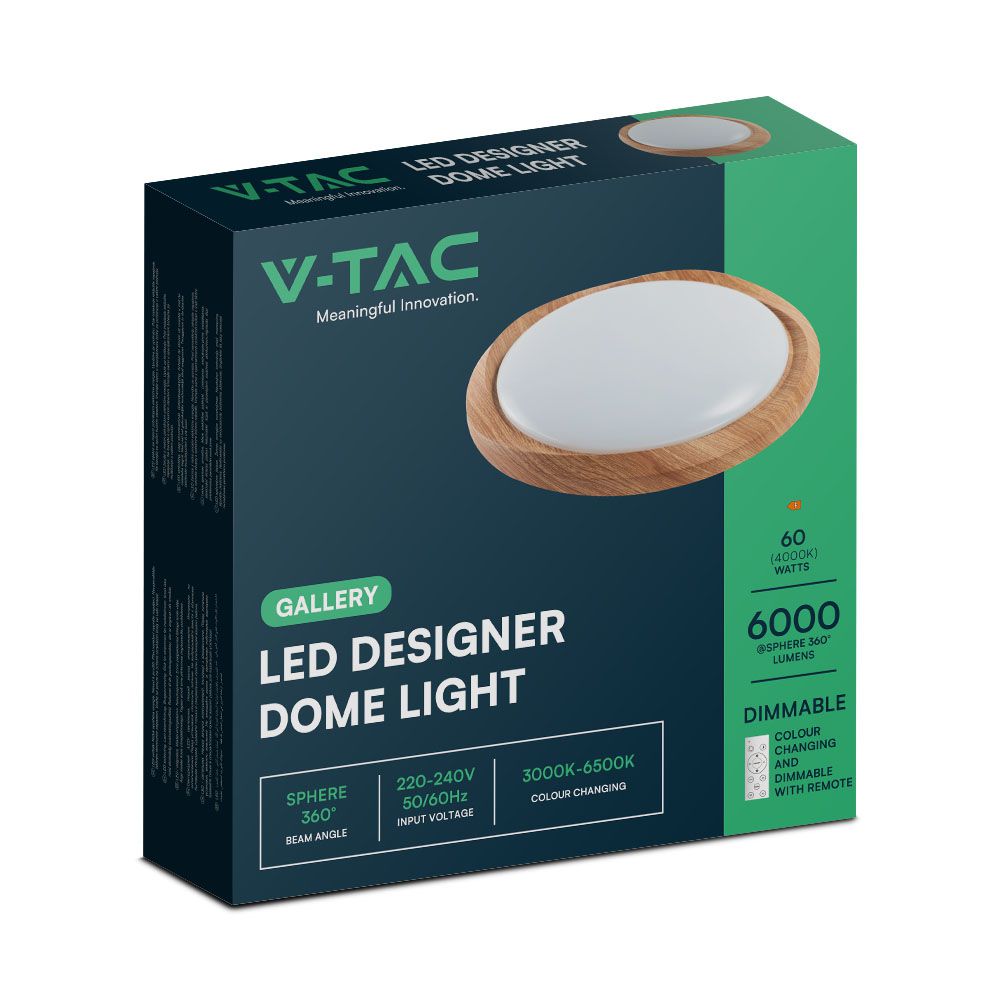 V-TAC Plafoniera LED 60W Rotonda con Telecomando controllo Remoto CCT 3in1 D492mm Dimmerabile 3000-6500K Cover Legno