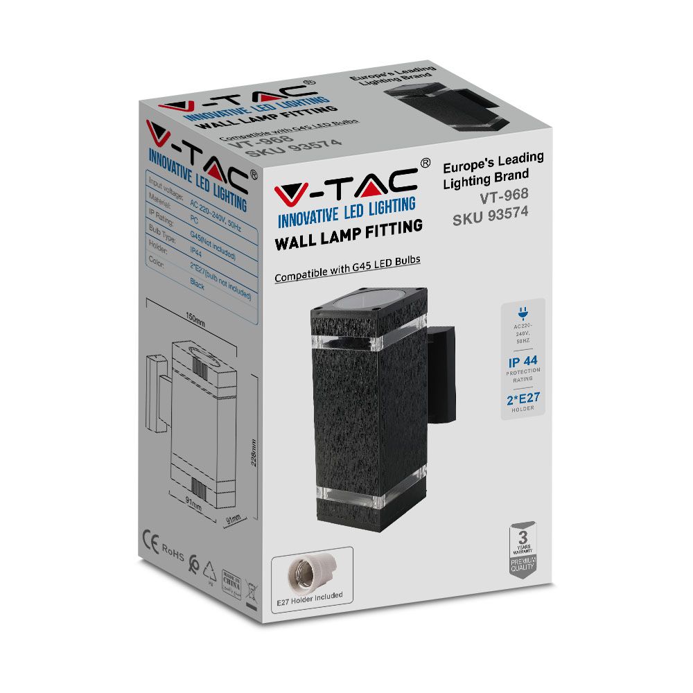  Wall Light Black Body IP44 E27 Square