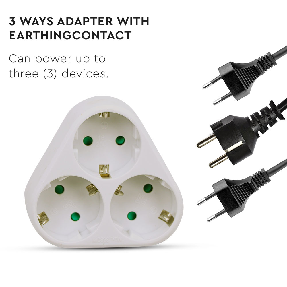 3 Ways Adapter Earthing Contact 10/16A 250VWhite