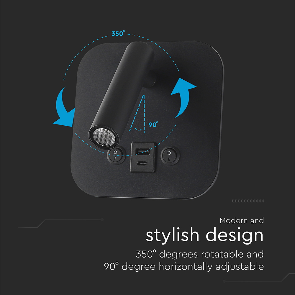 8W LED Bedside Light CREE CHIP Aluminum+PC Black Body IP20 3000K