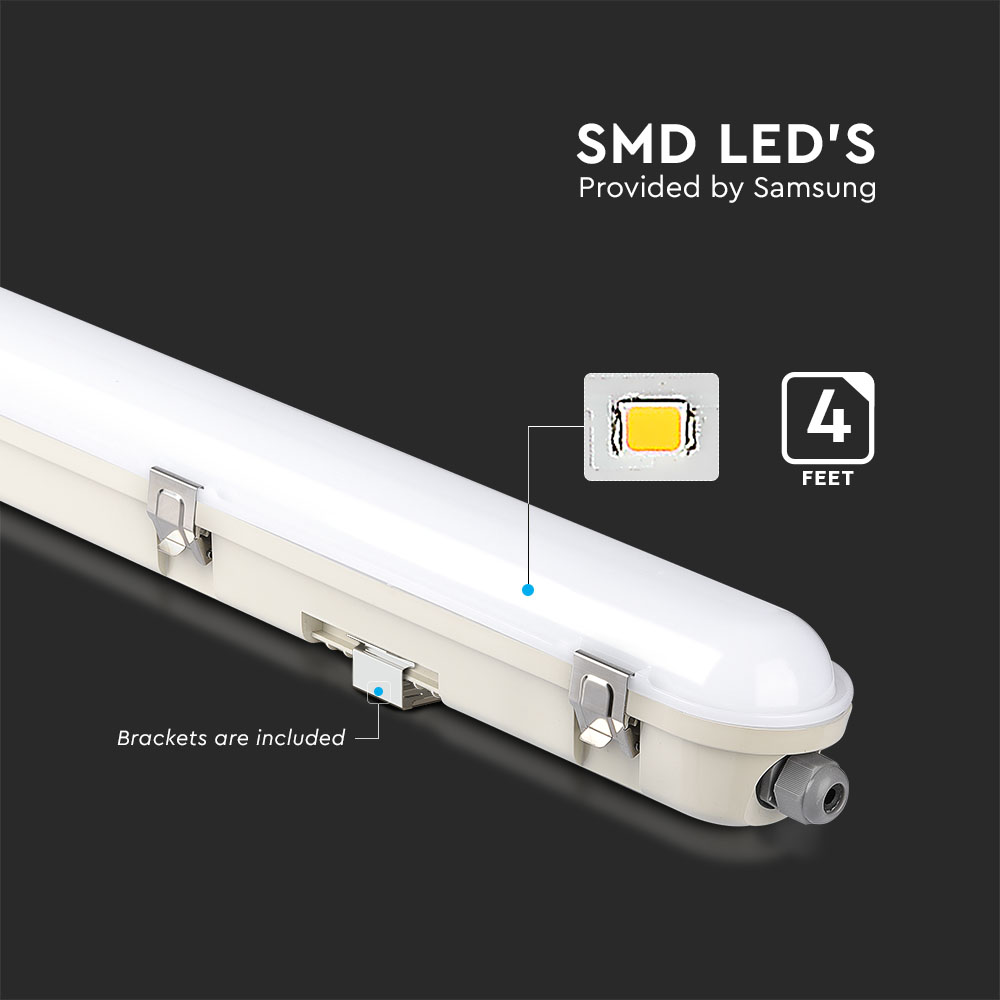 LED Waterproof Fitting M-SERIES 1200mm 36W 6400K Emergency Kit PC/PC SS Clip 120LM/W