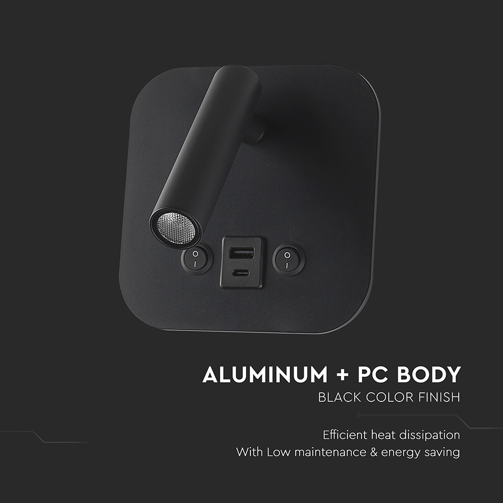 8W LED Bedside Light CREE CHIP Aluminum+PC Black Body IP20 3000K img 1