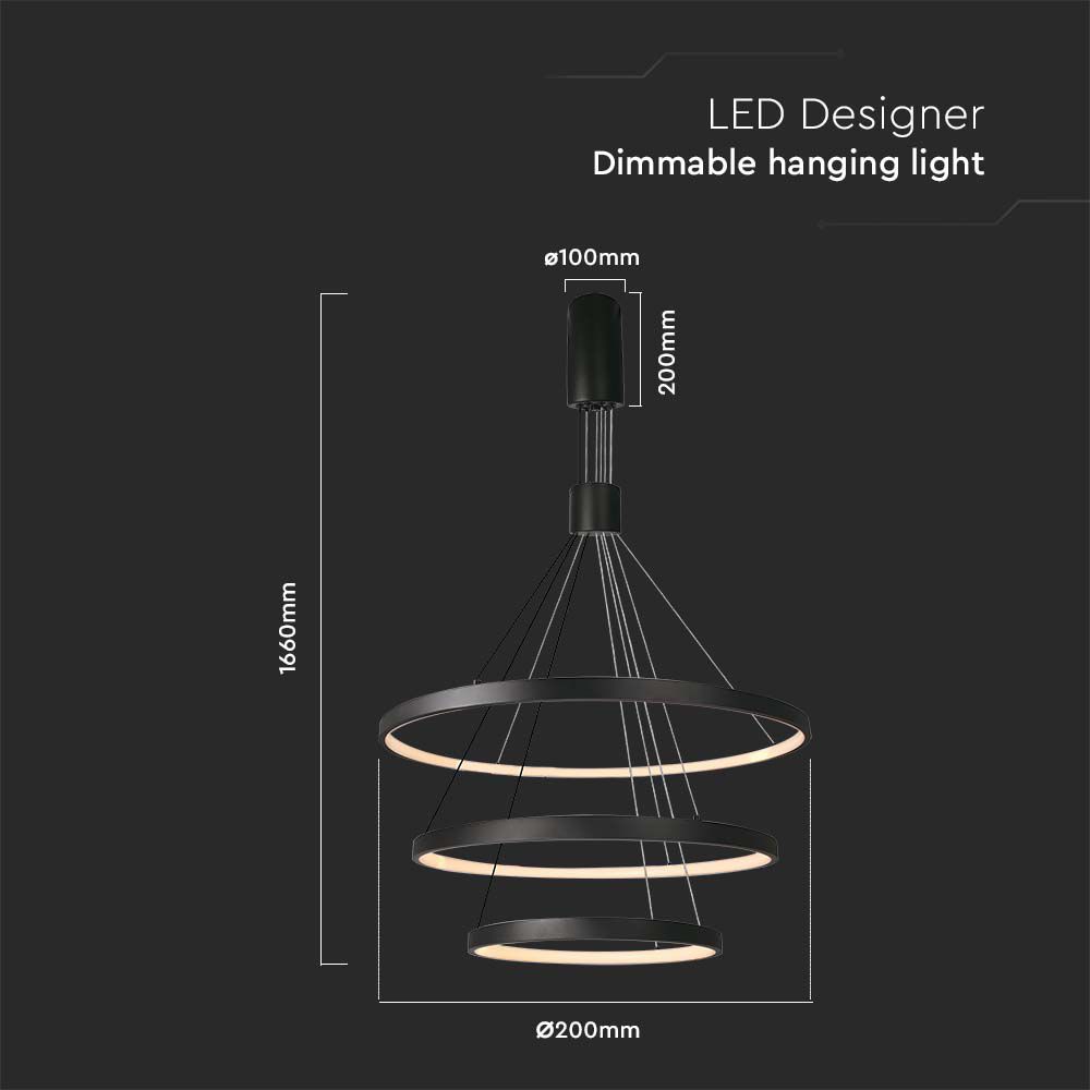 Lampadario LED a Sospensione con 3 Cerchi 46W in Metallo Colore Nero Dimmerabile 40x60x80x150cm 3000K