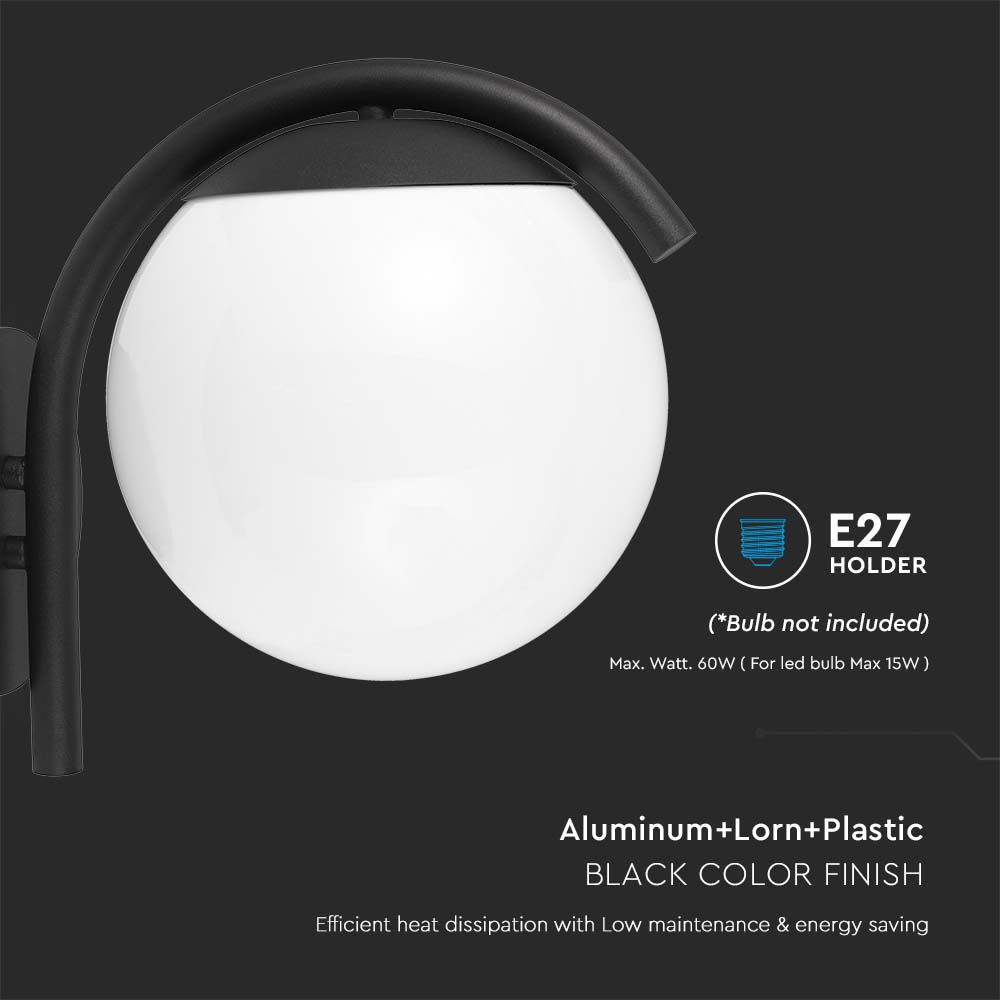 Lampada LED da Muro con Sfera Opale e Portalampada E27 200*280*260mm Colore Nero Opaco IP44 img 1