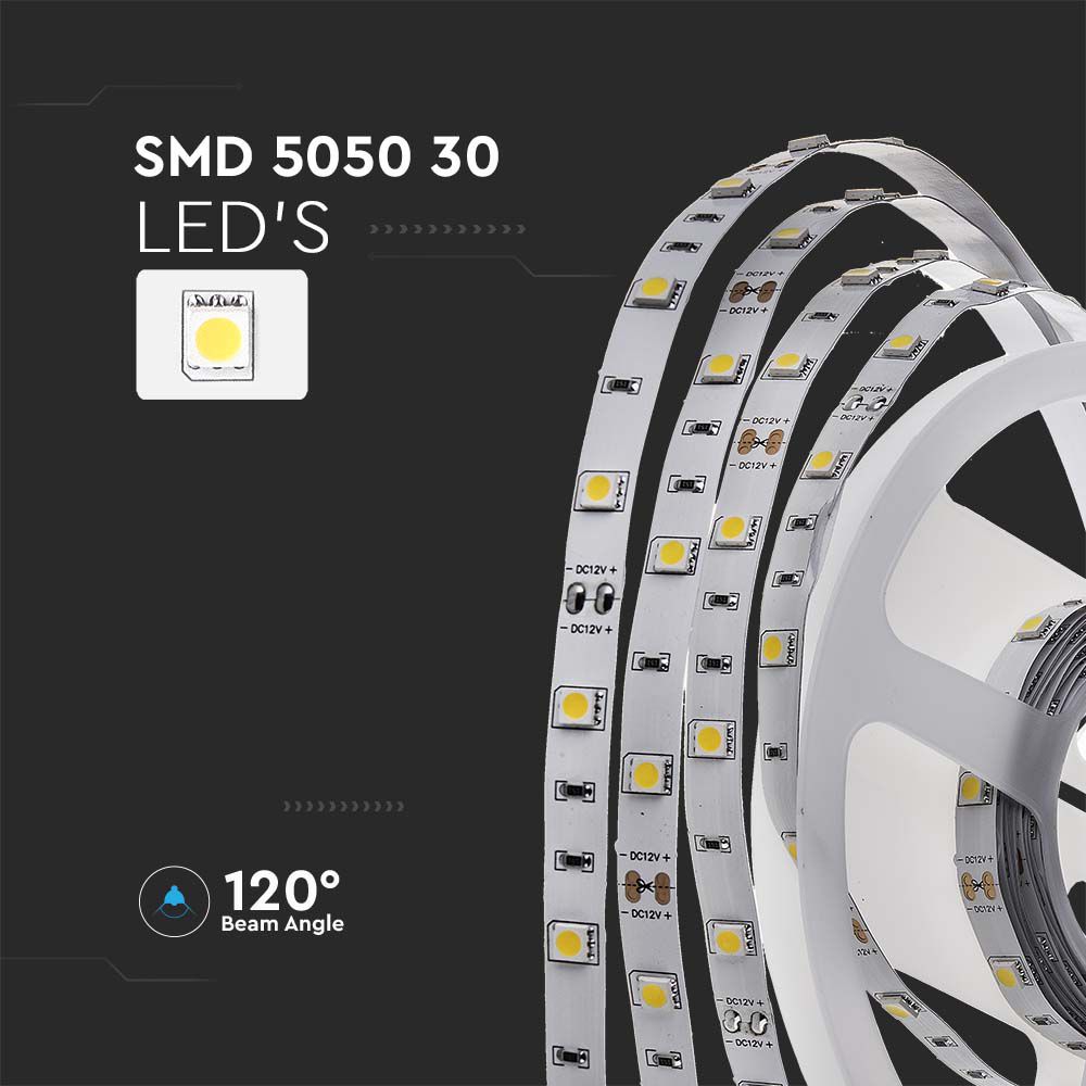 Strip LED SMD5050 6W/m 5m 30 LED/m 12V 3000K IP20 10mm img 1
