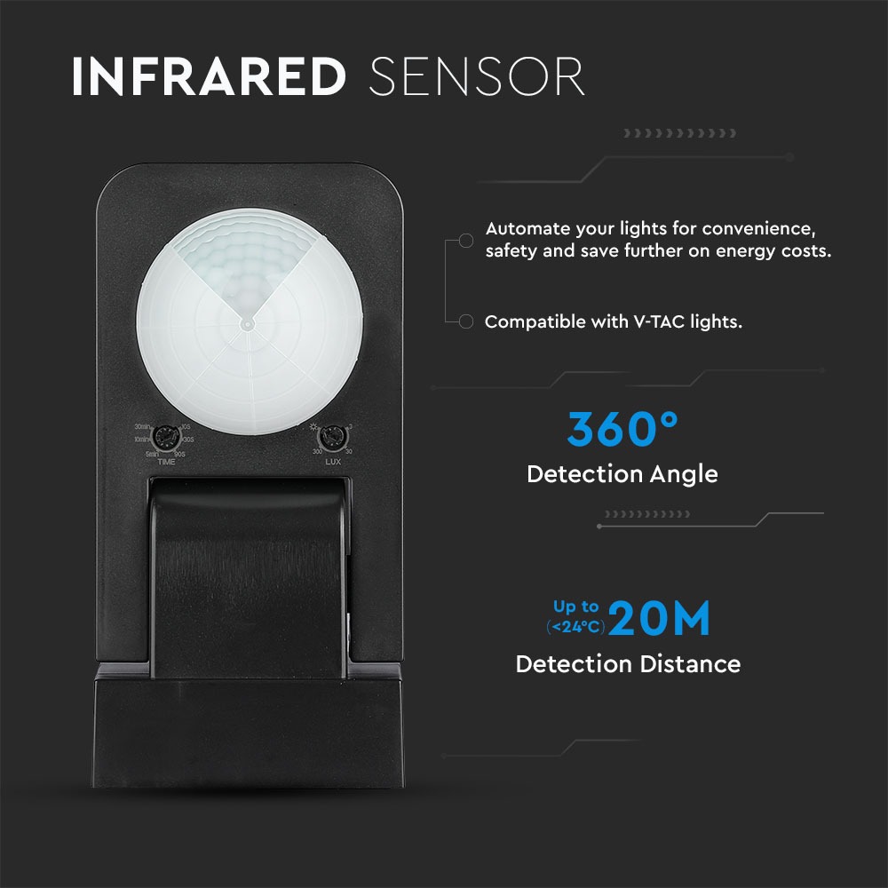 Infrared Sensore a movimento Nero 360gradi 1000W aggiustabile