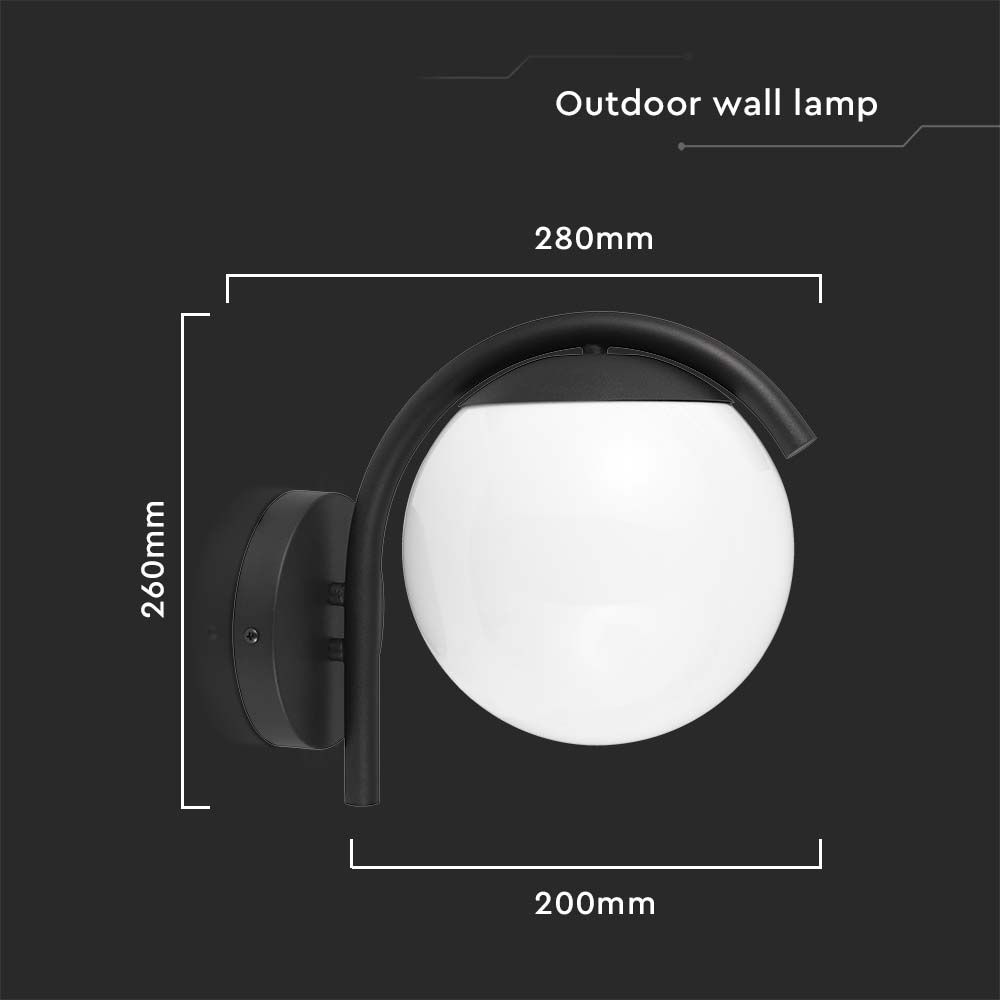 Lampada LED da Muro con Sfera Opale e Portalampada E27 200*280*260mm Colore Nero Opaco IP44