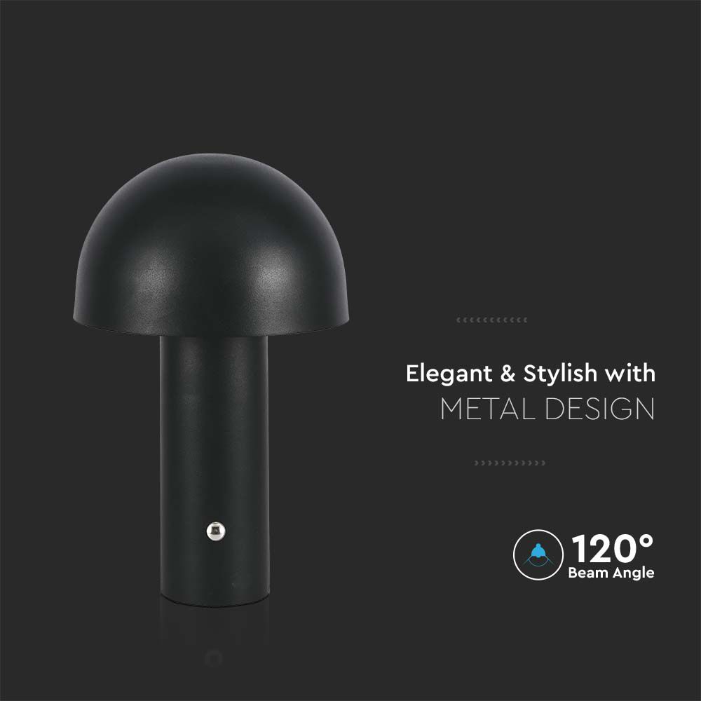 Lampada LED da Tavolo 3W con Batteria 1800mAh Ricaricabile USB C Colore Nero in Metallo Touch Dimmerabile 3in1