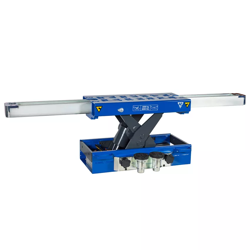 Wide air hydraulic jacking beam for passenger cars, vans and EV cars