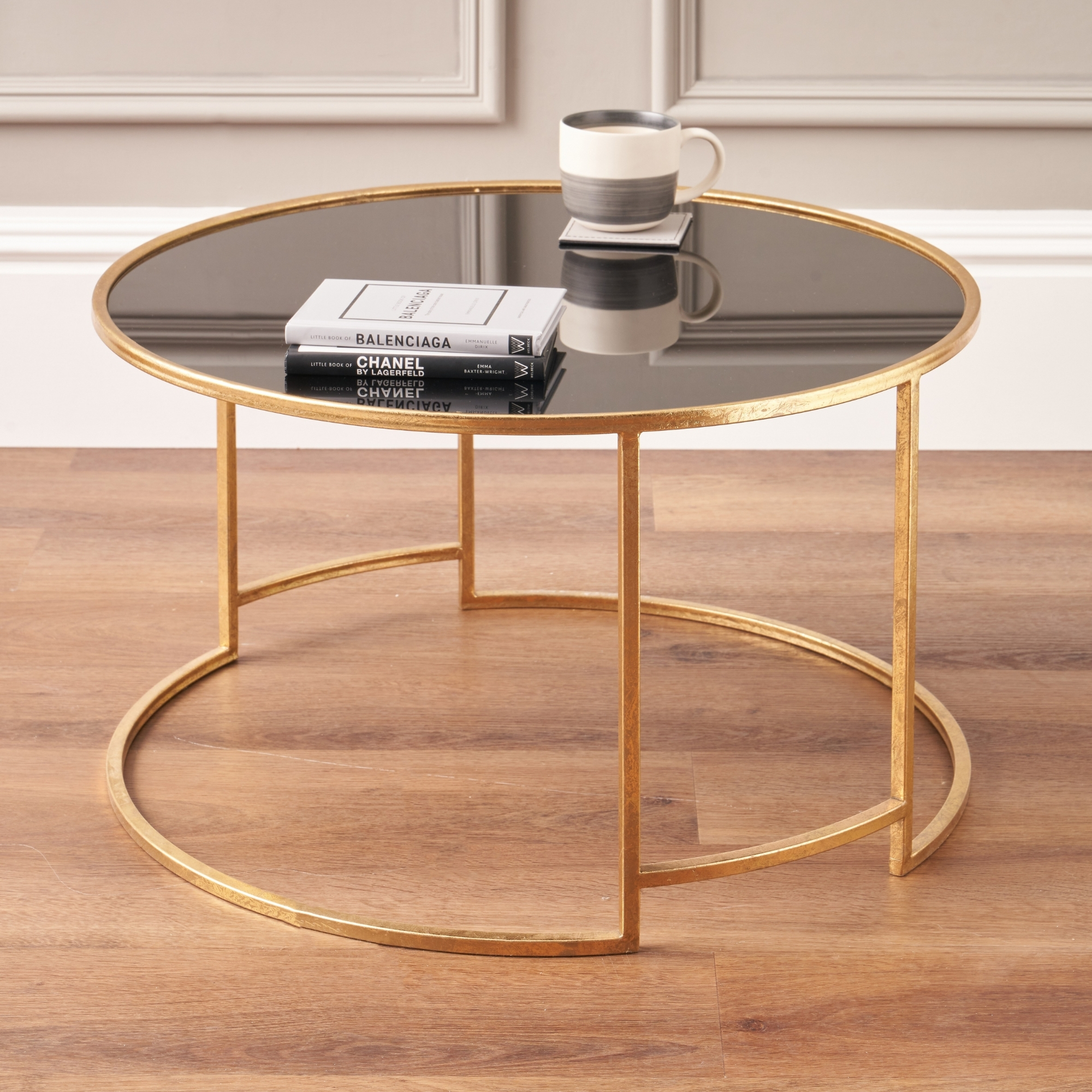 Gold Metal Coffee Table Round Black Glass Top Antique Art Deco 70cm Veneziano
