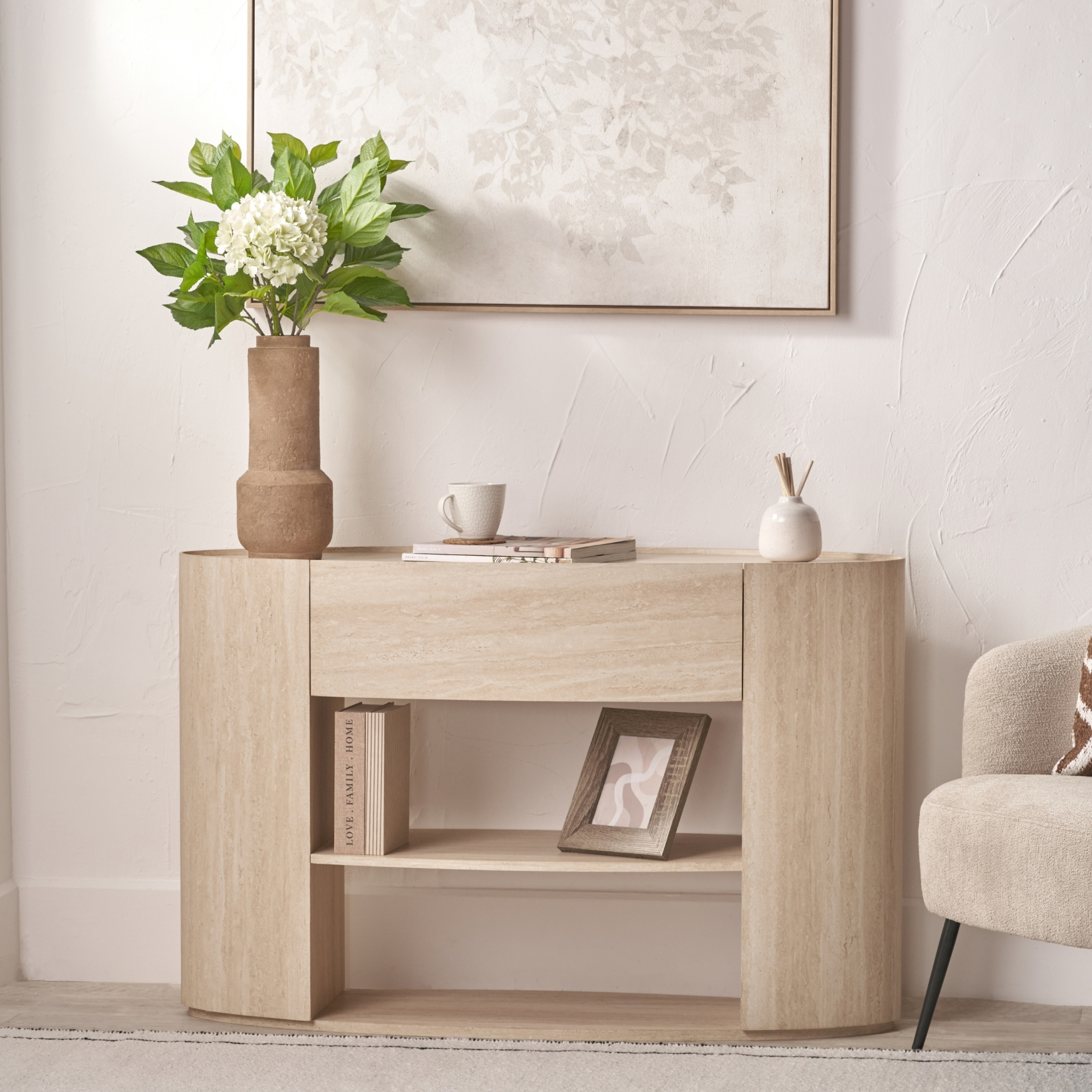Travertine Effect Console Table Curved 1 Drawer Open Shelves Stone Look Tivoli