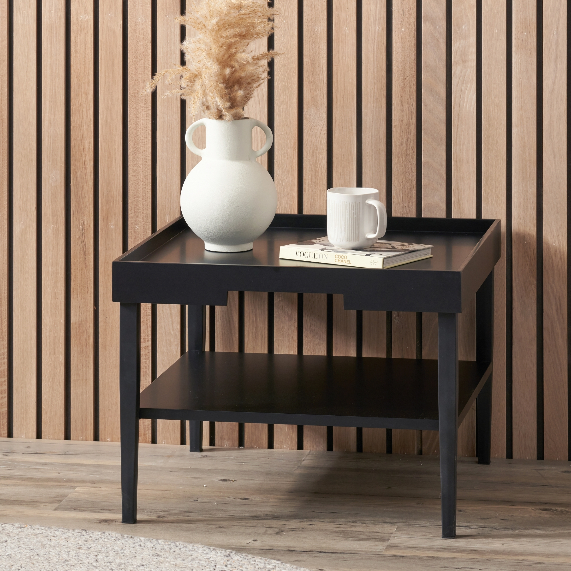 Black Coffee Table Square with Storage Shelf Lipped Top Wood Veneer 60cm Marnie