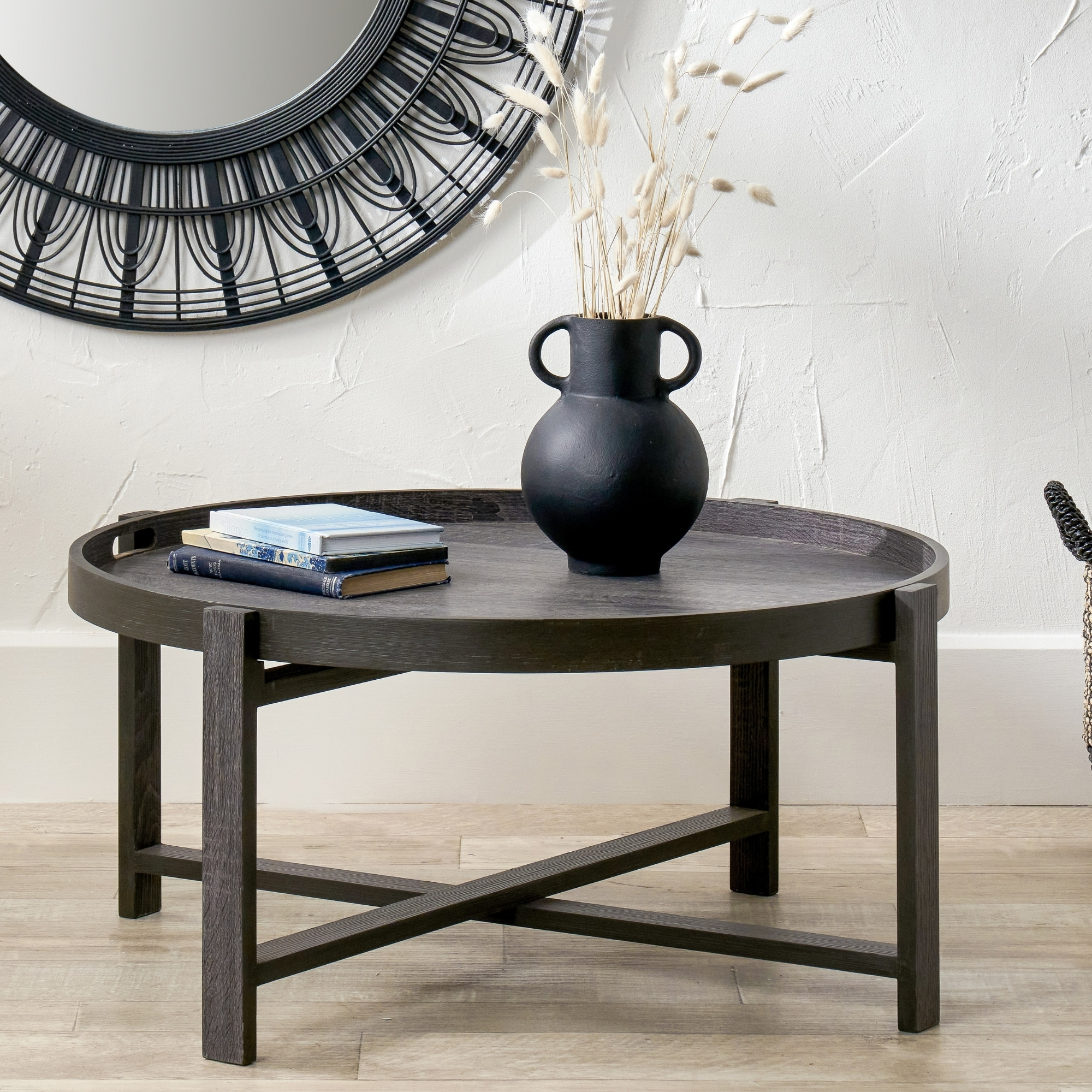 Round Coffee Table Dark Grey Oak Removable Tray Top Folding Legs 84cm Marmara