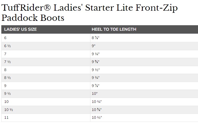 Tuffrider paddock top boot size chart