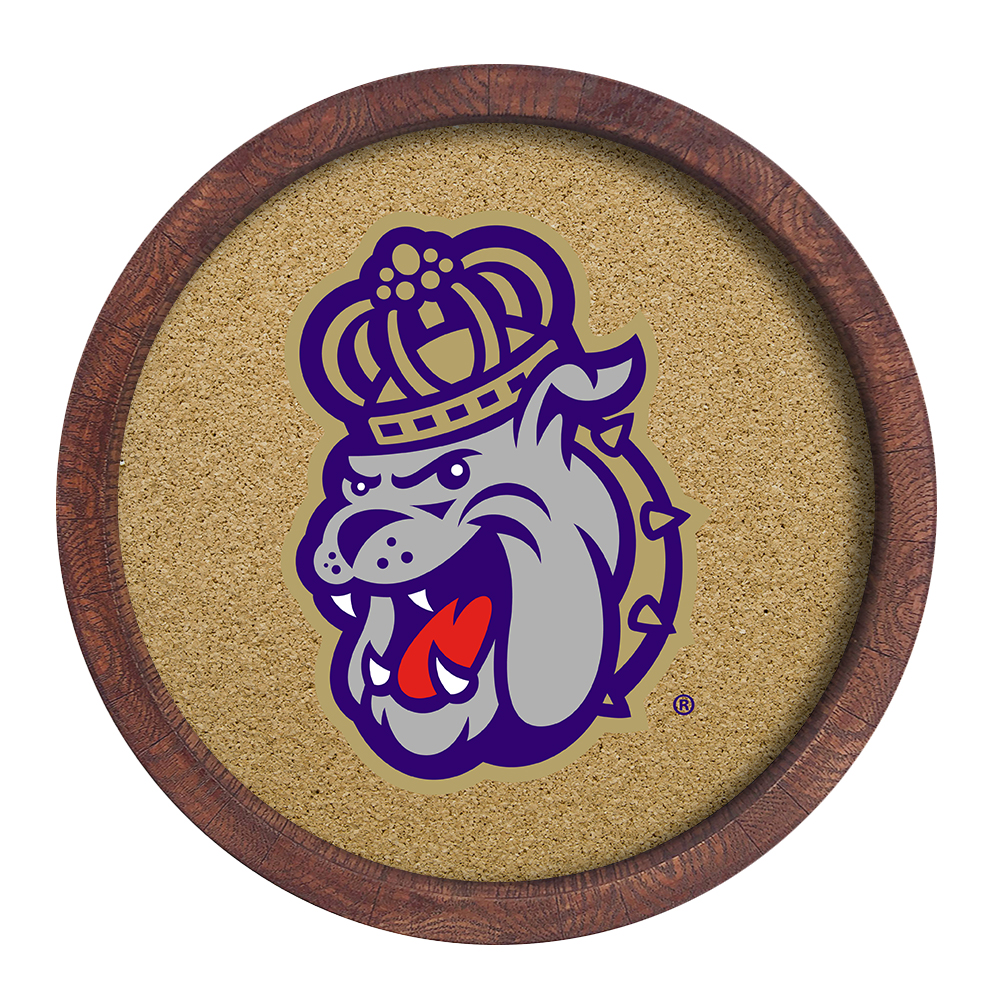 James Madison Dukes Mascot - "Faux" Barrel Framed Cork Board  