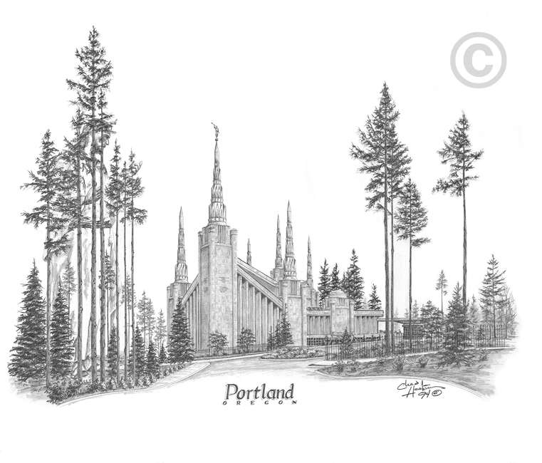 Portland Oregon Temple Sketch - 5x7 Print, , large image number 0