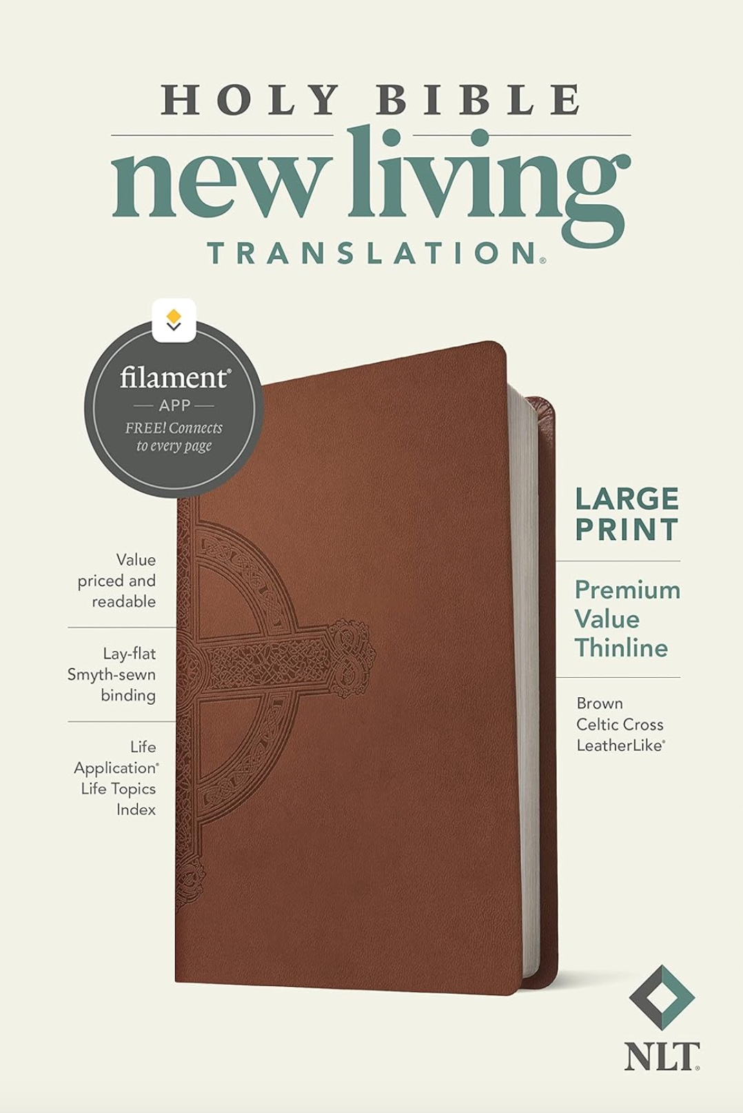 NLT Large Print Premium Value Thinline Bible, Faux Leather, Brown Celtic Cross