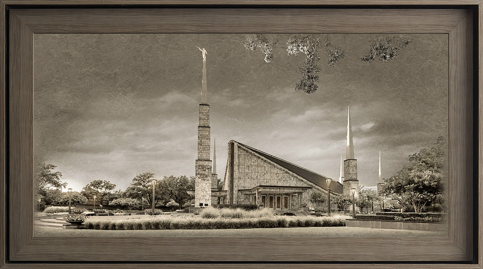 Dallas Texas Temple, Gray Wood (22x39 Framed Textured Paper)