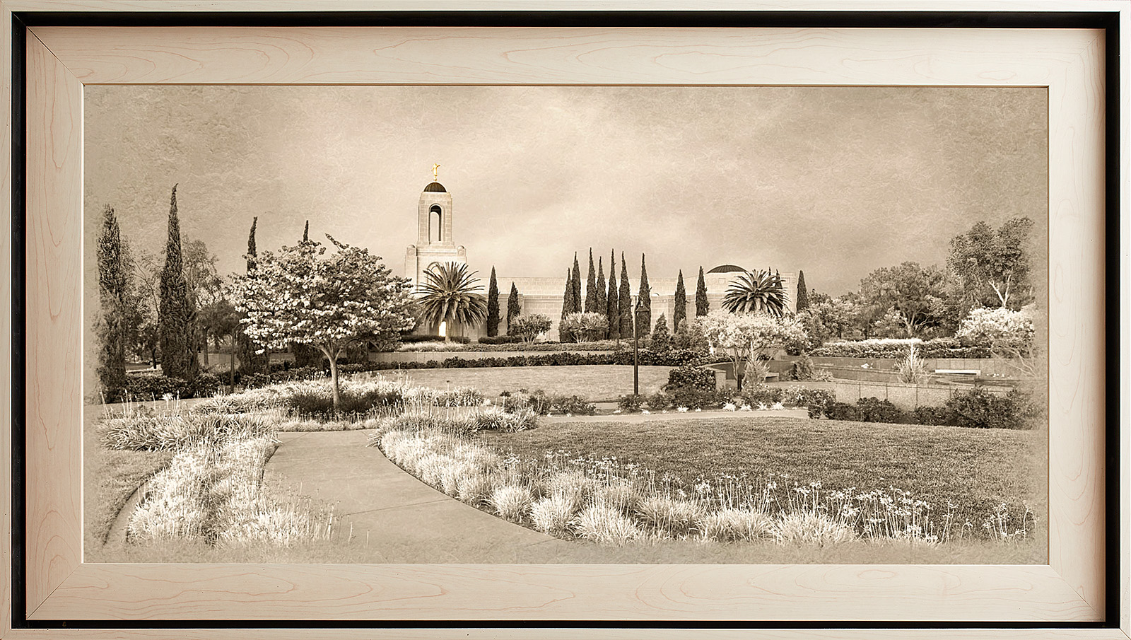 Newport Beach California Temple, Light Wood (22x39 Framed Textured Paper)