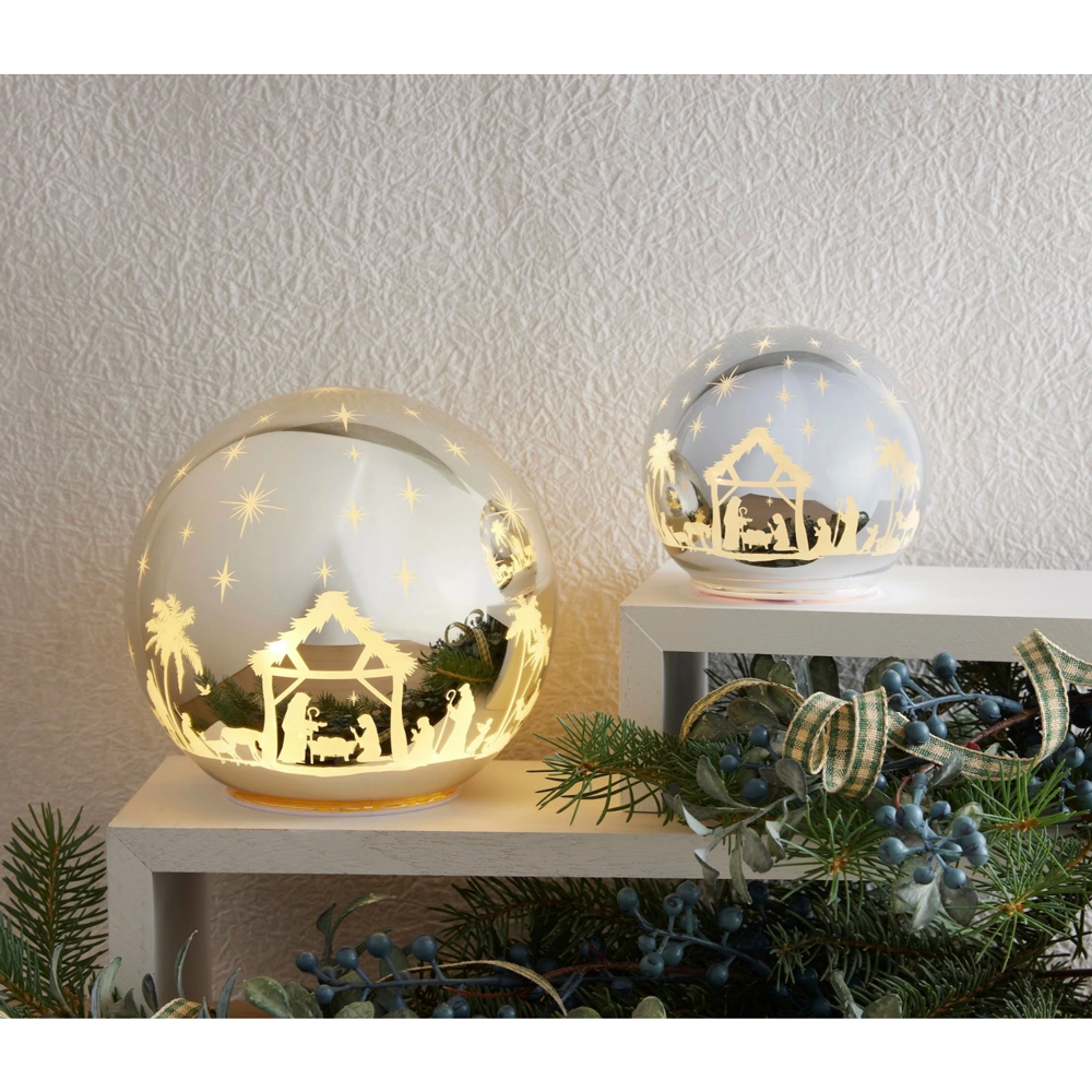 Light-up Silver Glass Nativity Sphere, , large