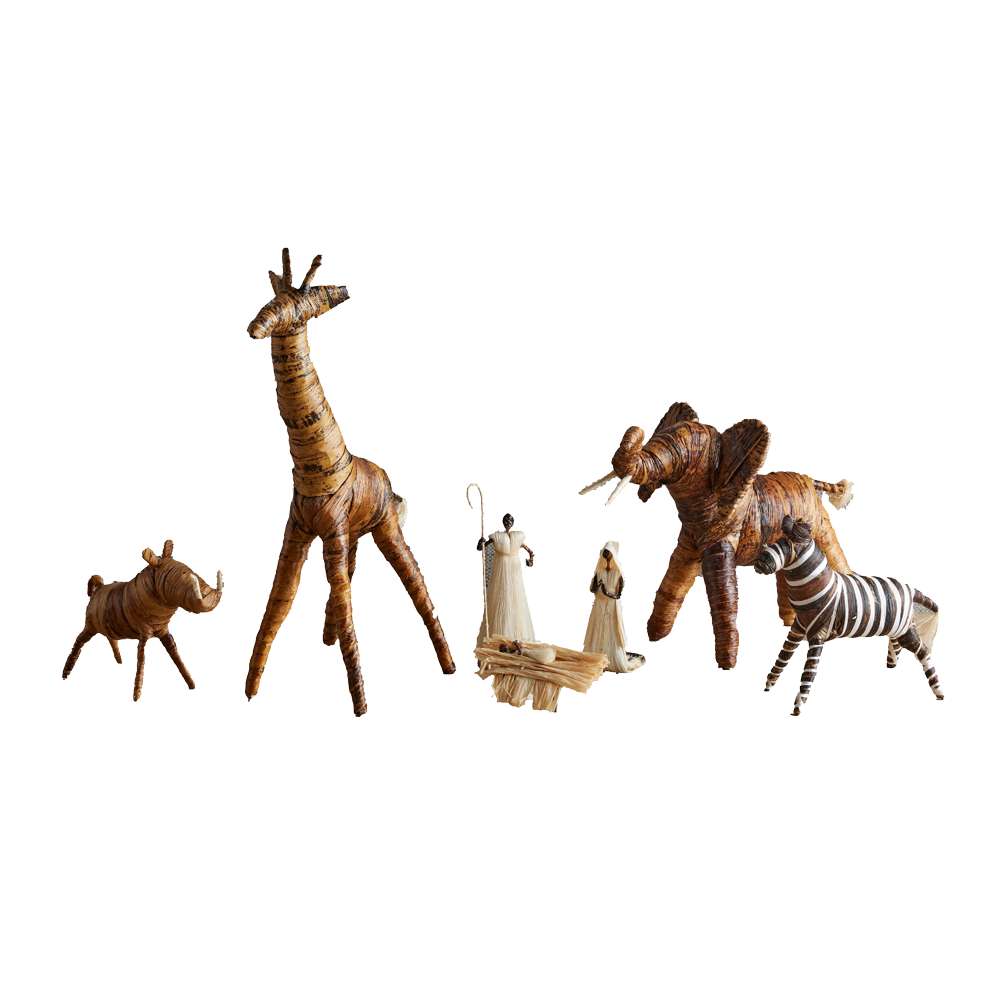 Kenyan Holy Family Banana Fiber Animal Nativity