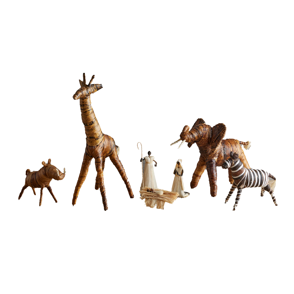 Kenyan Holy Family Banana Fiber Animal Nativity