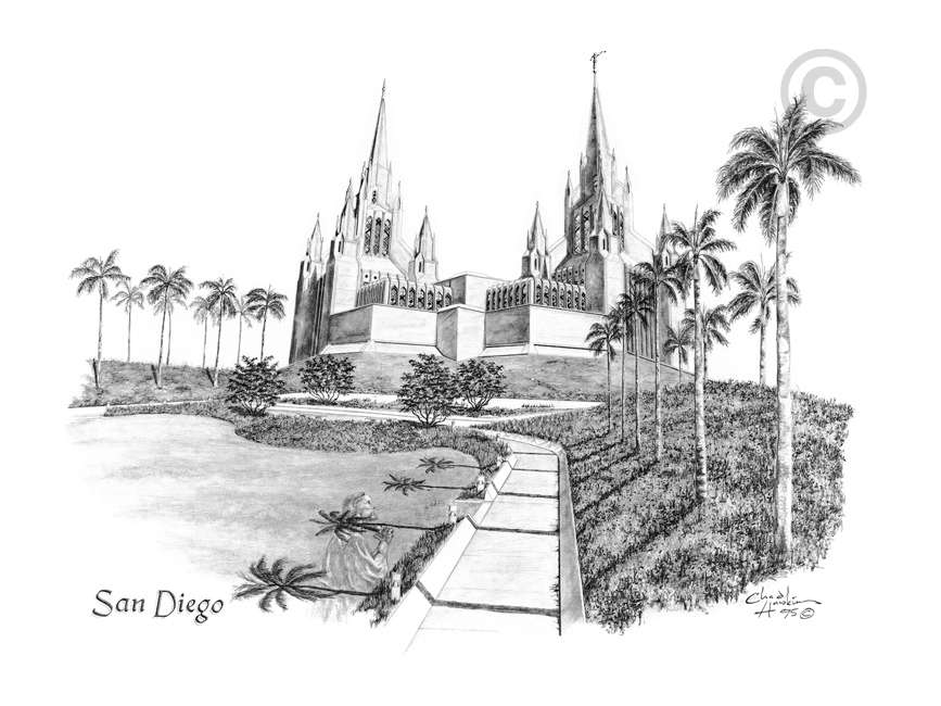 San Diego Temple Sketch - 5x7 Print, , large image number 0