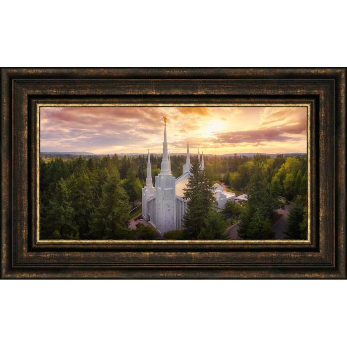 Portland Temple from on High (23x38 Framed Giclee Canvas)