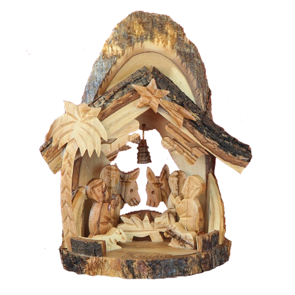 Cow and Donkey Olive Wood Bark Nativity Grotto