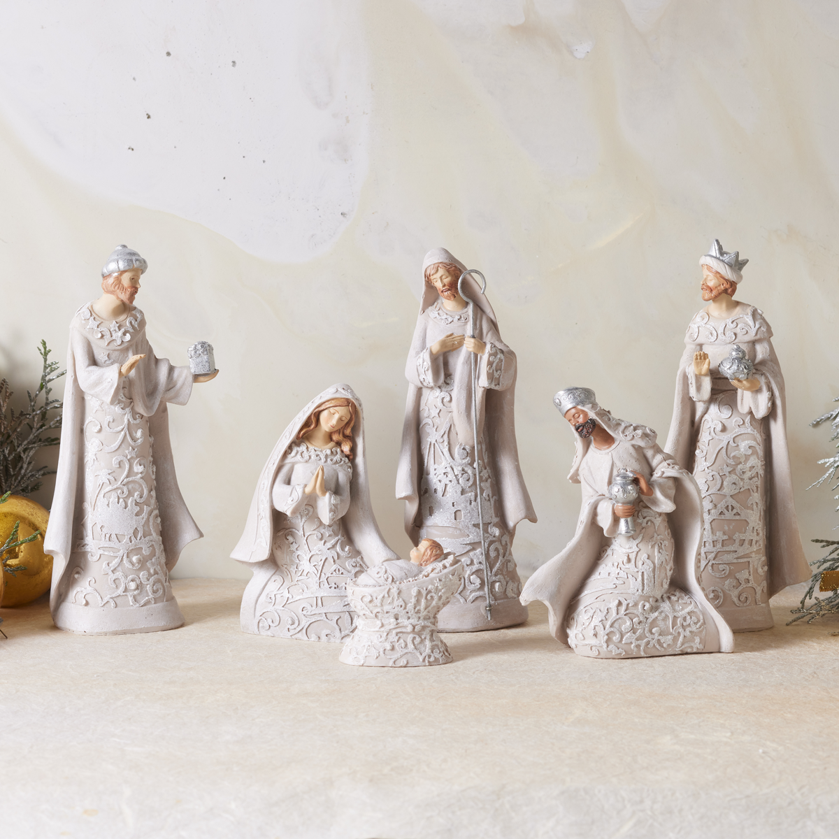 Ivory and Silver Filligree Stone Resin Nativity, , large