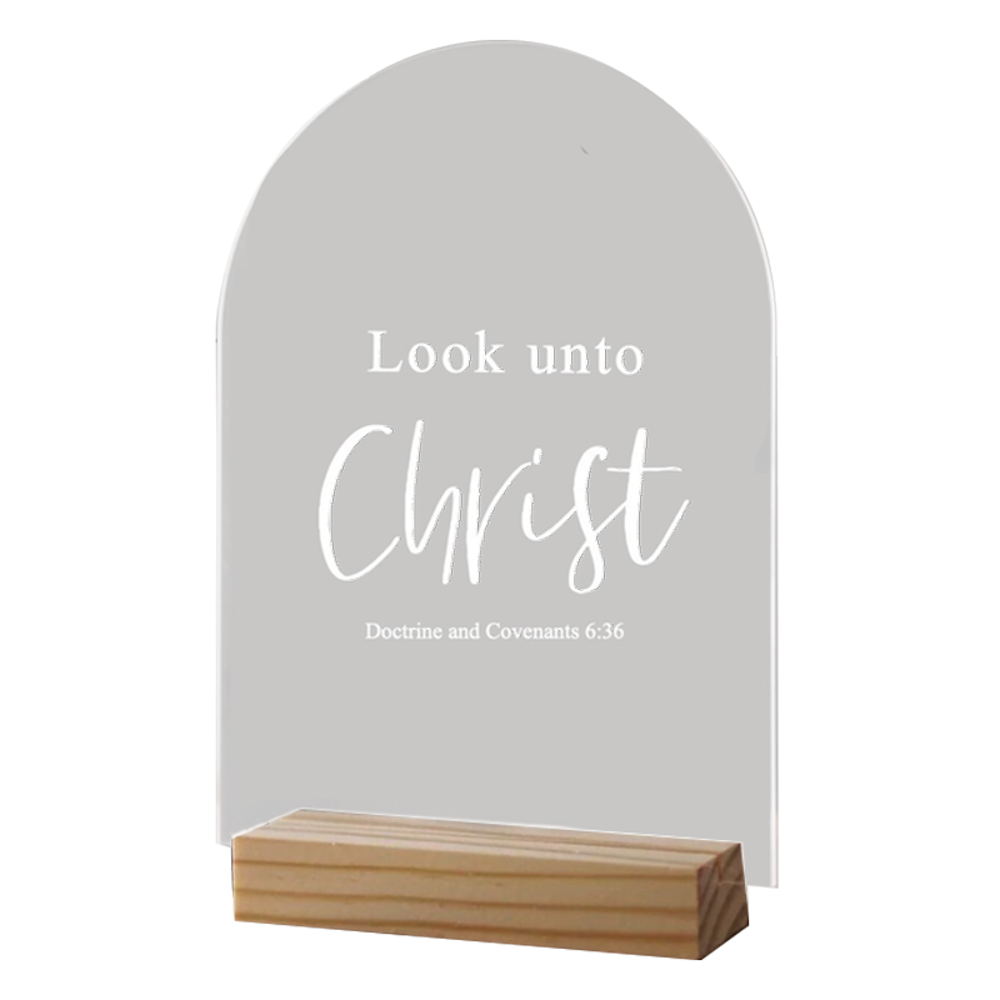 Look unto Christ 2025 Youth Theme Acrylic Sign with Wood Block,  Look unto Christ 2025 Youth Theme Acrylic Sign with Wood Block