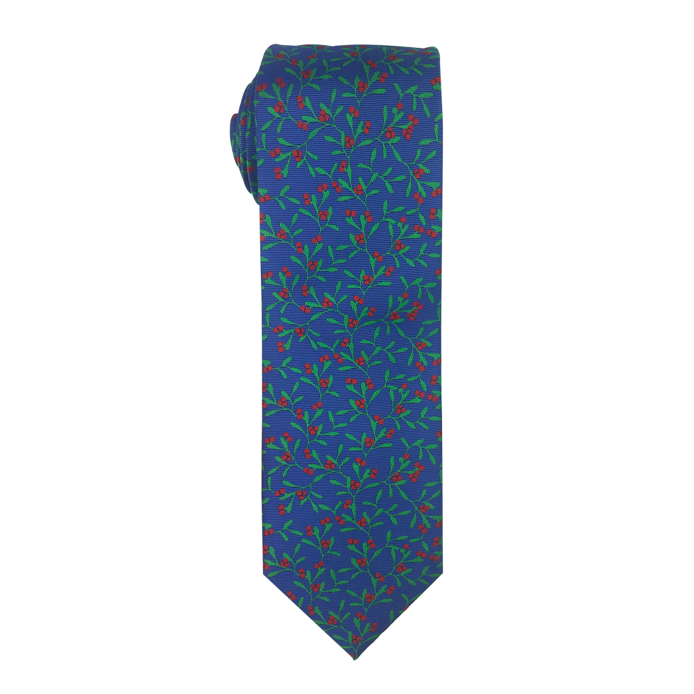 Blue Polyester Necktie with Red Berries, , large