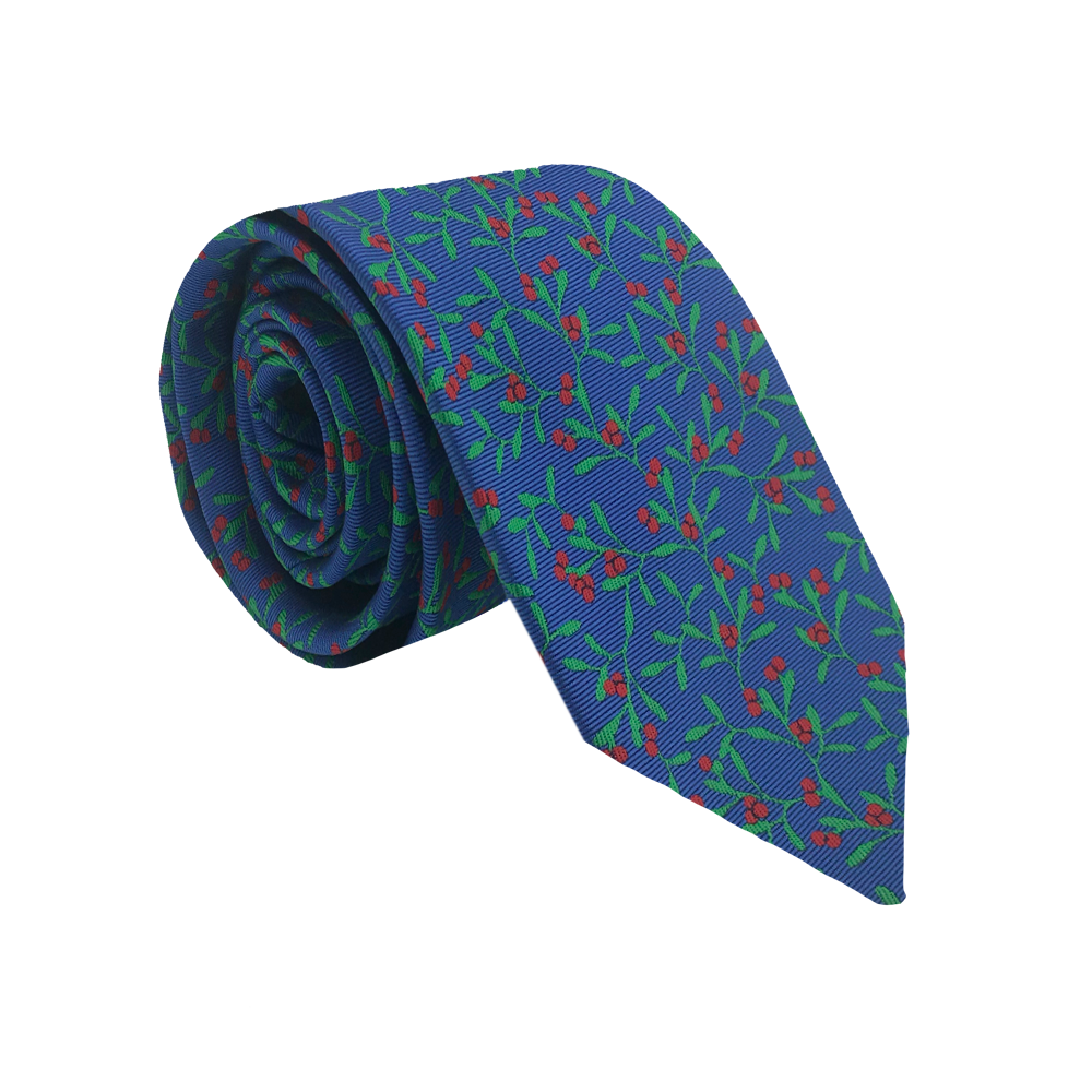 Blue Polyester Necktie with Red Berries