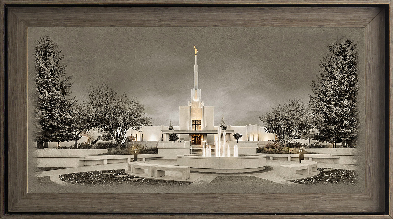 Denver Colorado Temple, Gray Wood (22x39 Framed Textured Paper)