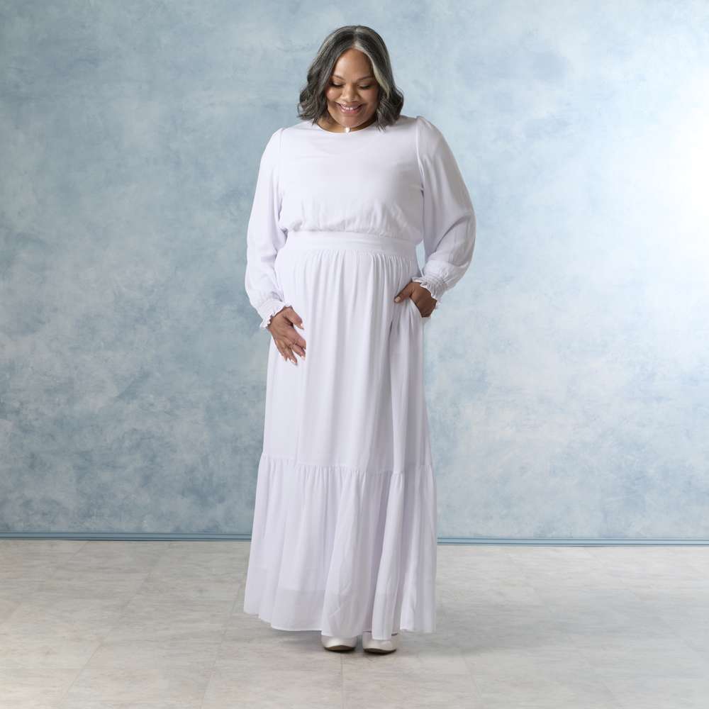 white long sleeve temple dress Jennifer Modest Temple Dress