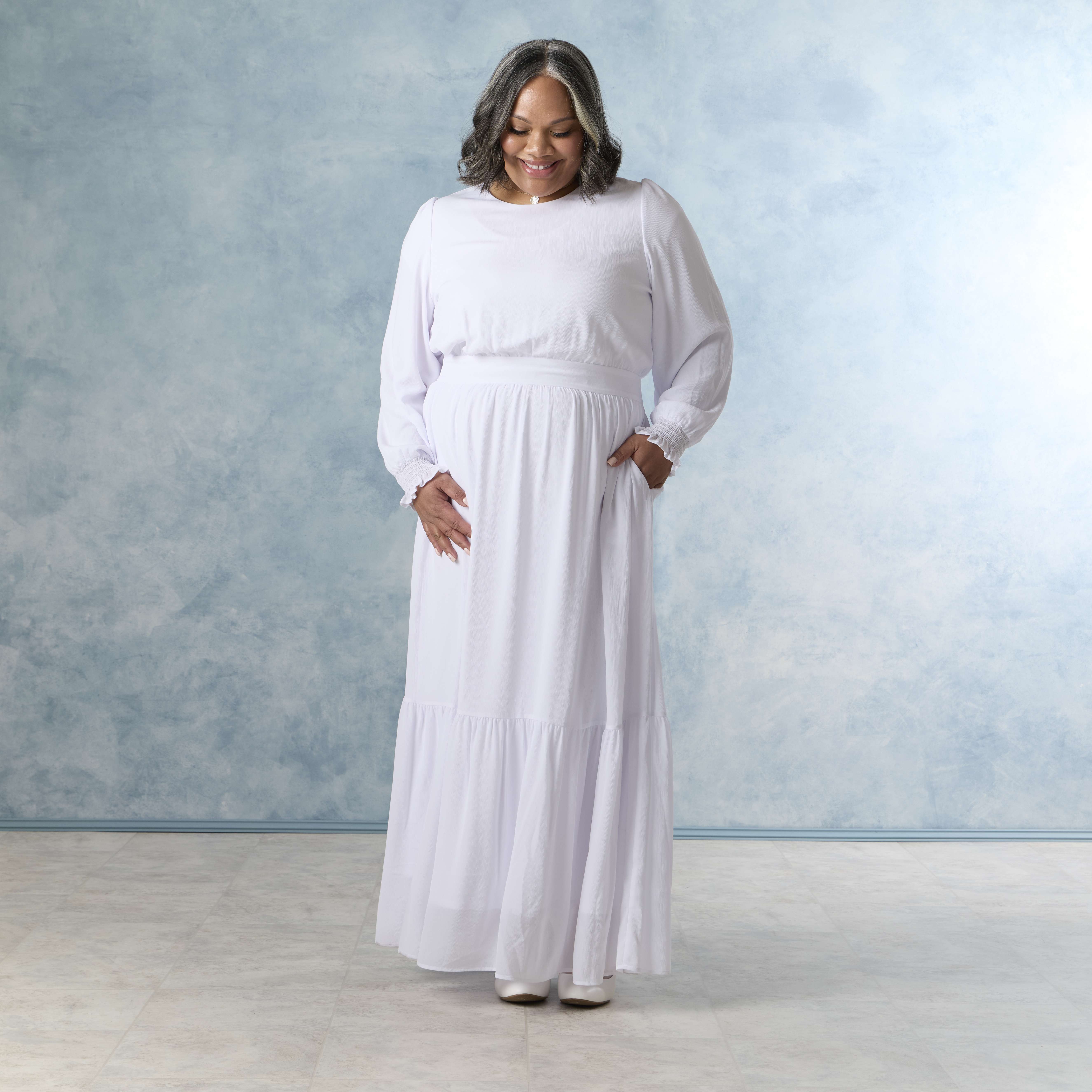 white long sleeve temple dress Jennifer Modest Temple Dress