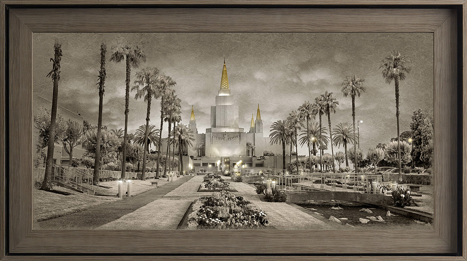 Oakland California Temple, Gray Wood (22x39 Framed Textured Paper)