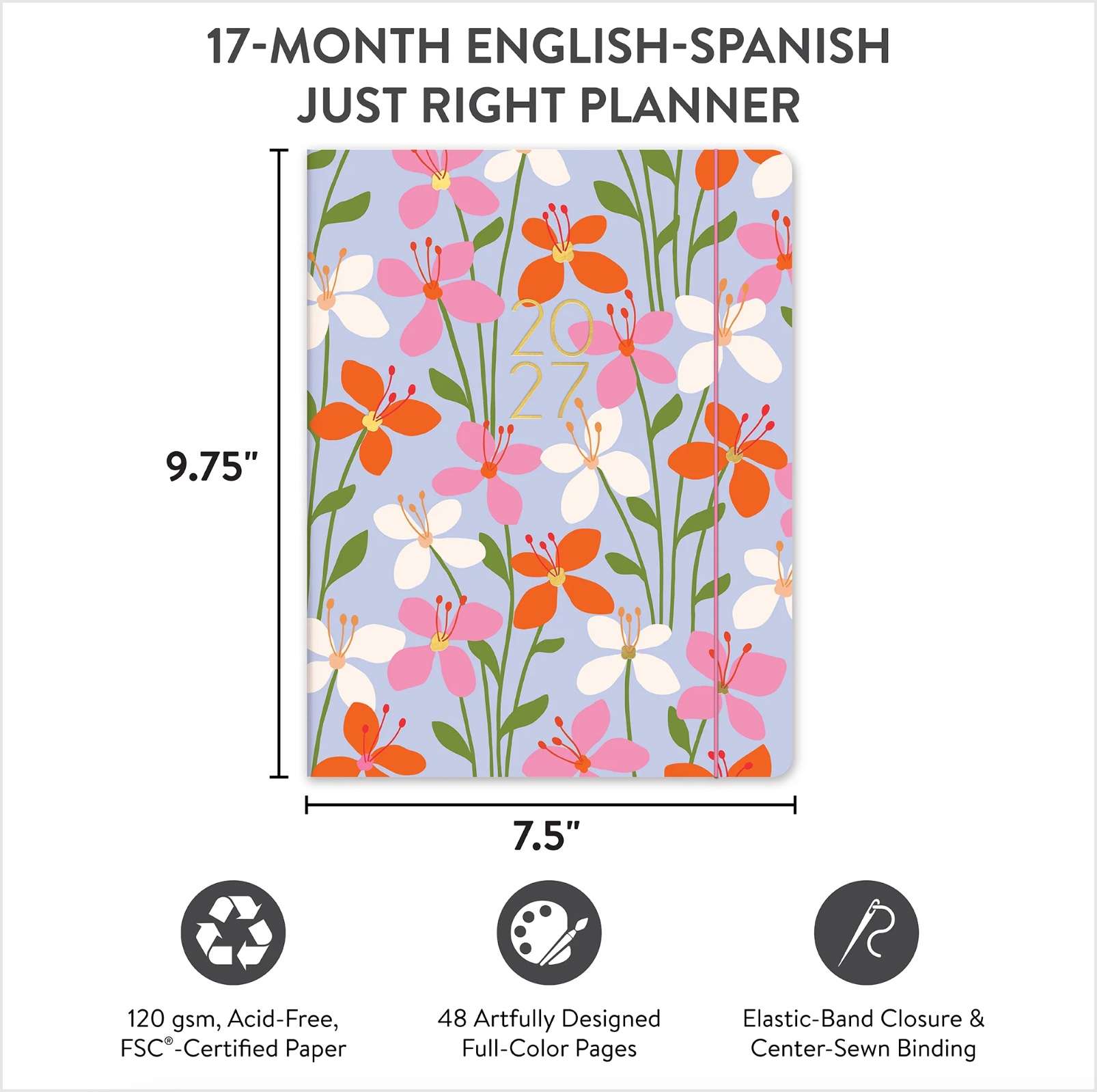 2027 Secret Garden Just Right 17-Month English-Spanish Bilingual Planner, , large