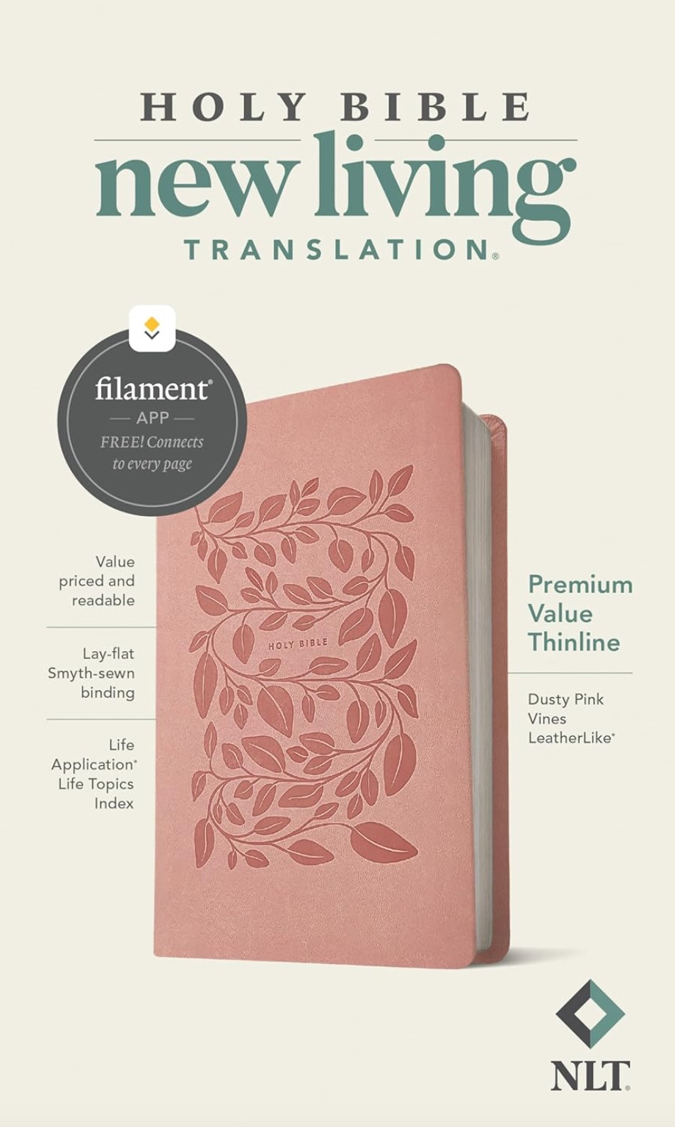NLT Premium Value Thinline Holy Bible, Faux Leather, Dusty Pink Vines