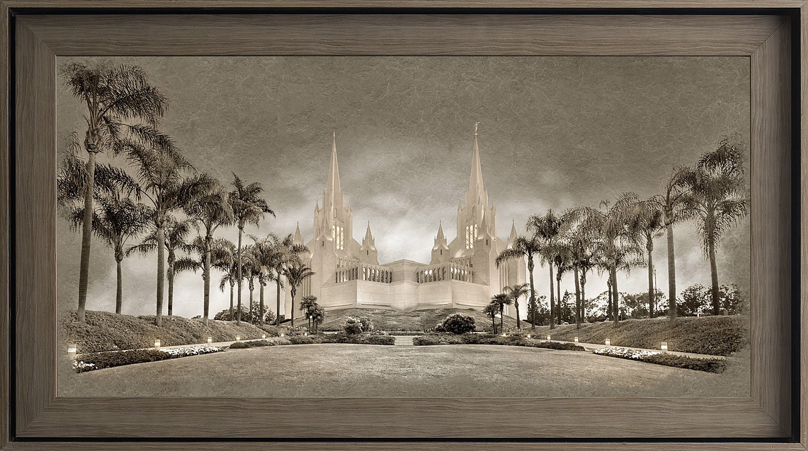 San Diego California Temple, Gray Wood (22x39 Framed Textured Paper)